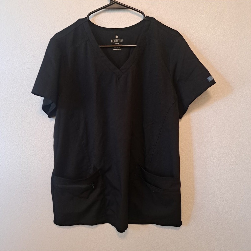 Med Couture Touch Scrub Top Black V-Neck Ribbed Back Pleat MC7468 Womens Medium